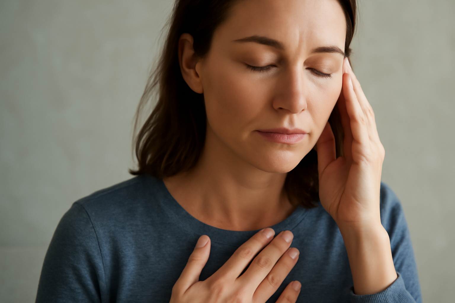 Person taps EFT meridian points on the face and torso for anxiety and trauma in a calm blue setting.