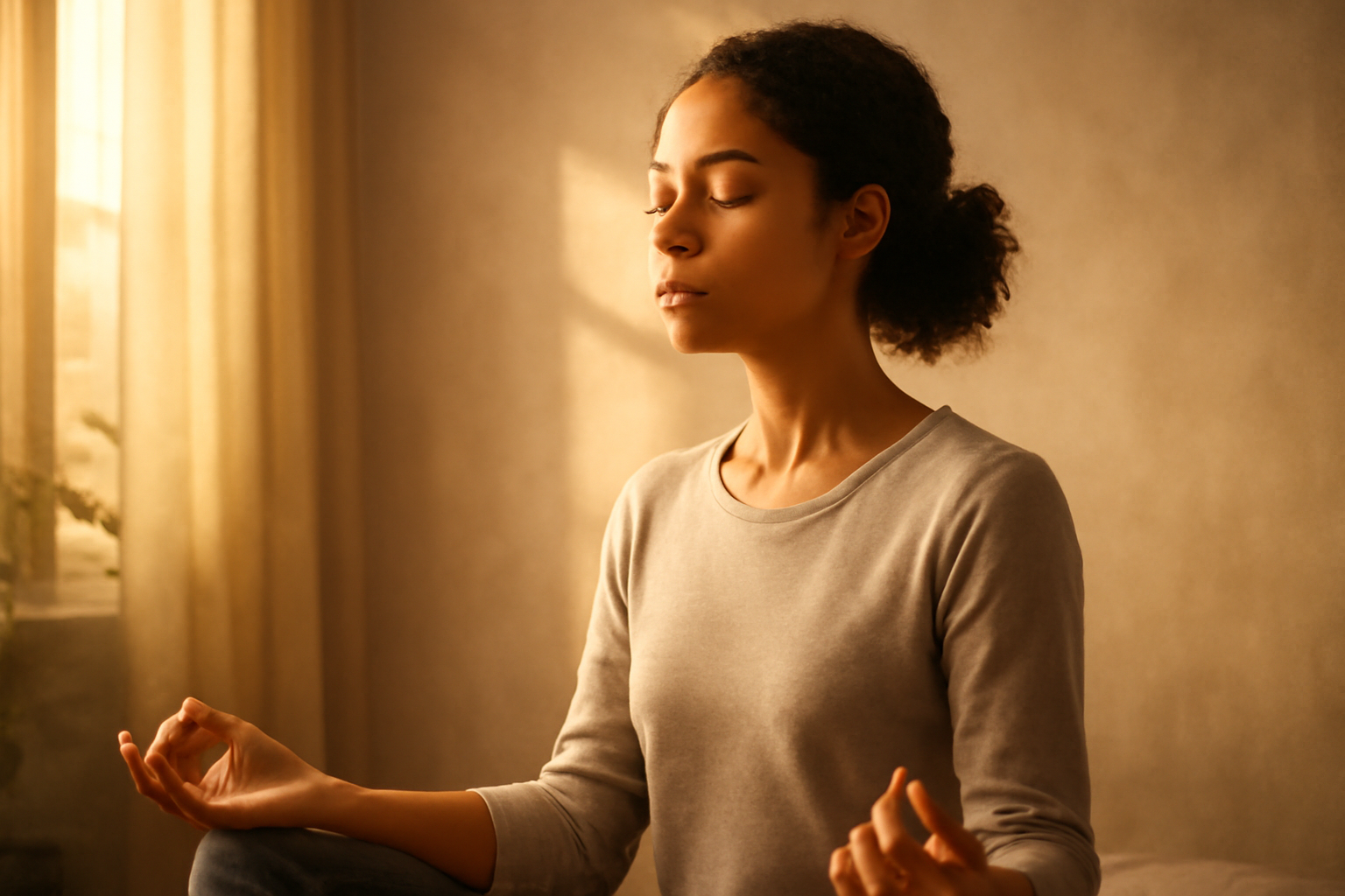 A person sits cross-legged on a mat with eyes closed, in a peaceful, sunlit space, practicing mindfulness.