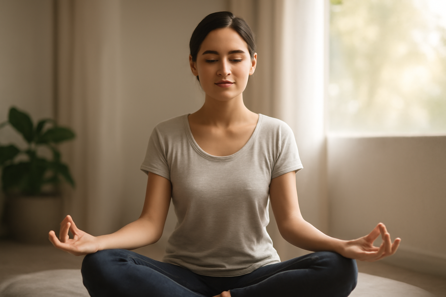 Person meditating cross-legged in a bright room; Mindfulness Meditation for Mental Health Practical Guide