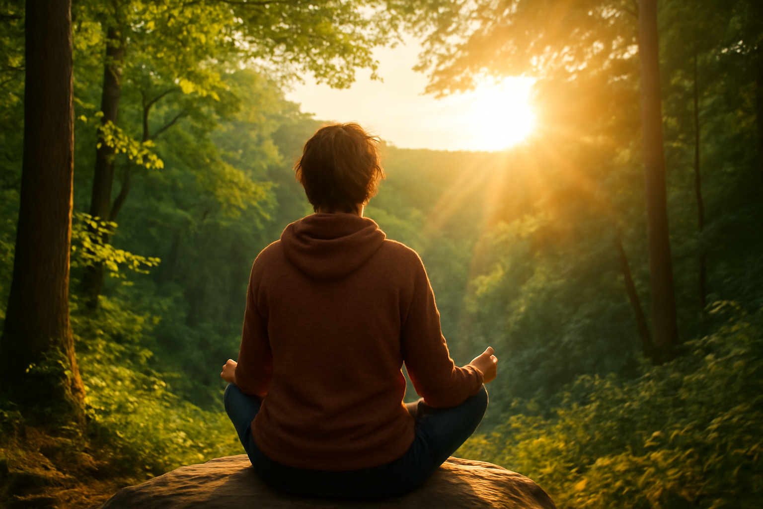 Serene forest path in sunlight with a person meditating, Nature Therapy to Boost Mood and Ease Depression.