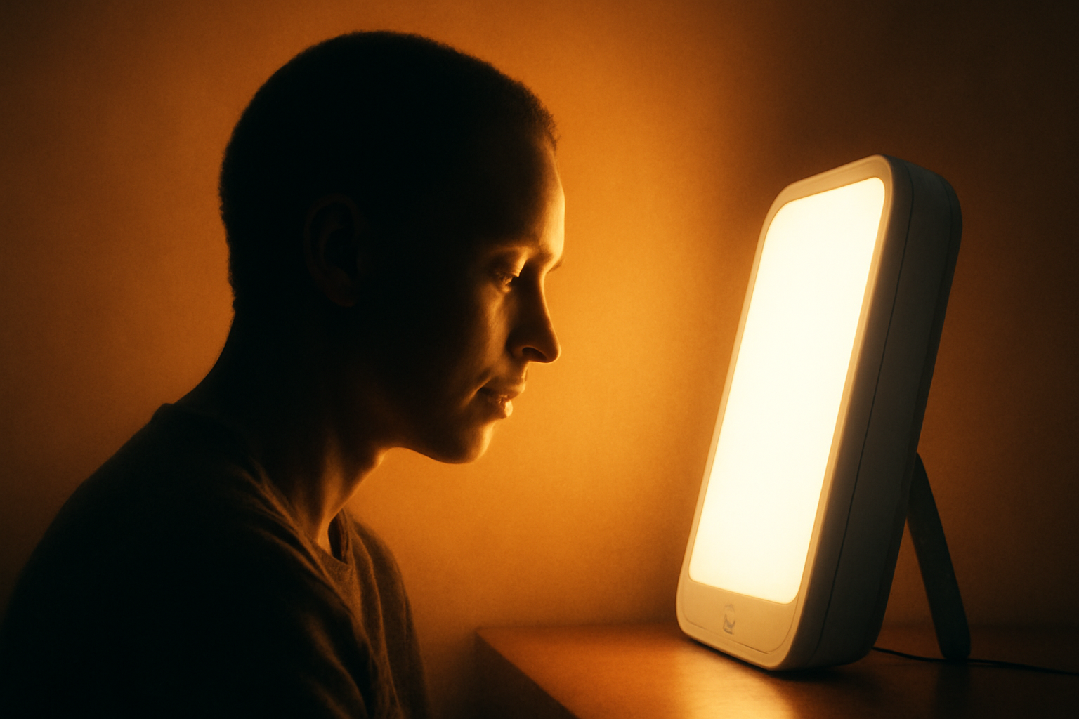 Person beside bright light therapy lamp; blog: Light Therapy for Mood, Sleep & Circadian Rhythm.