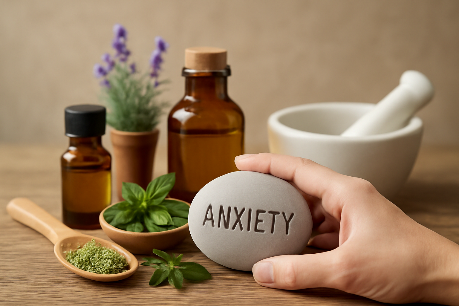 Calm person in bright room with herbs, post on evidence-based natural remedies for social anxiety.