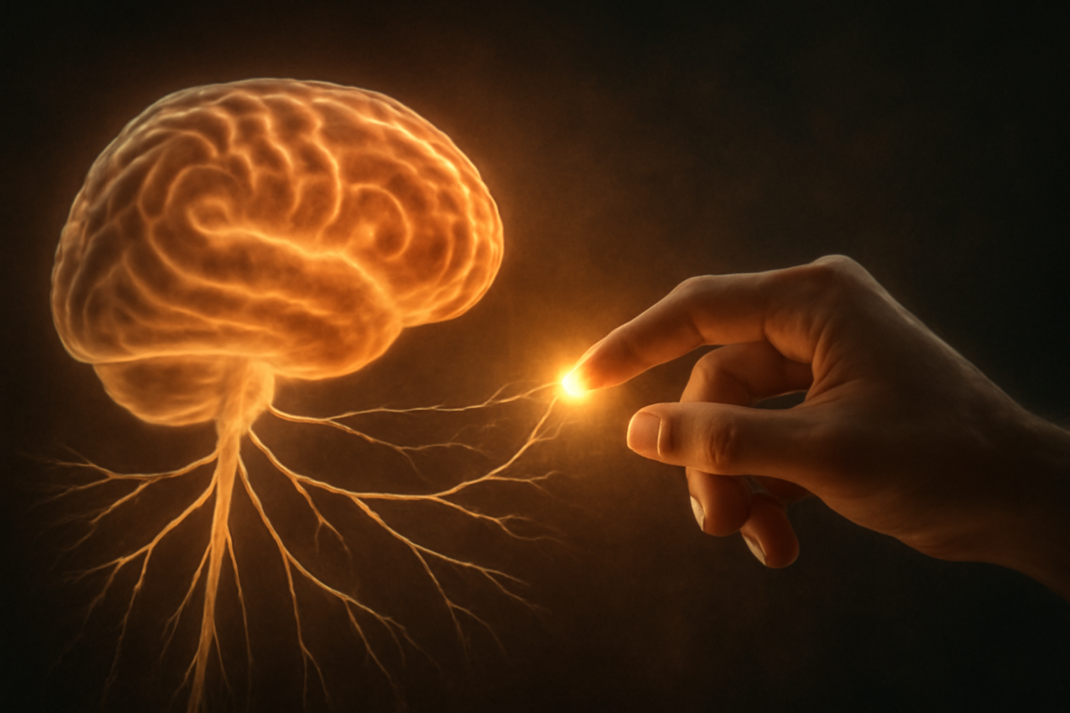 A person breathing calmly as glowing nerves outline the body, showing nervous system repair and wellbeing.