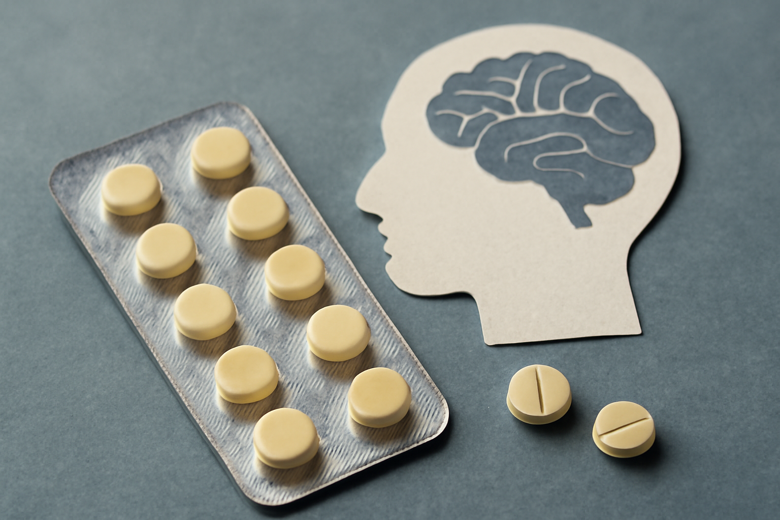 Pills and a medical article on Olanzapine uses, how it works, dosing, side effects, and safety.