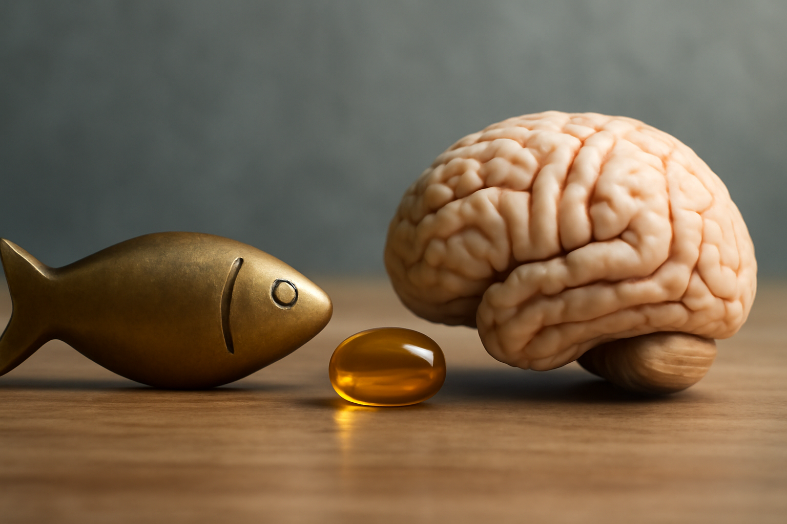 Brain diagram showing omega-3 capsules and fish imagery to symbolize how fatty acids influence mood.