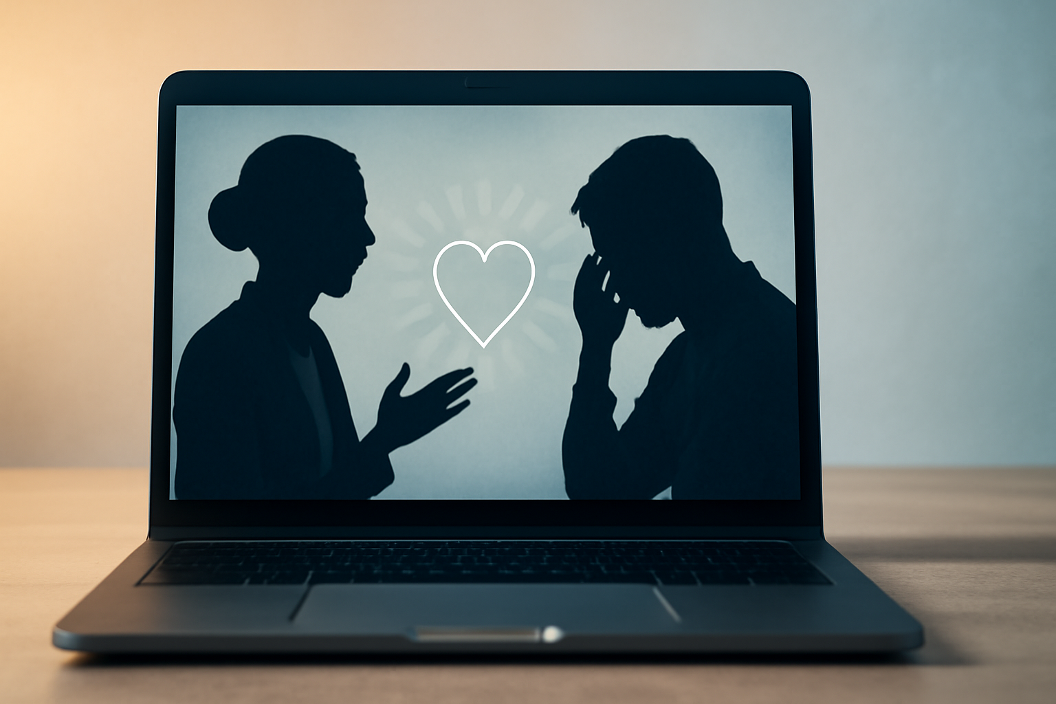 Laptop on desk shows a video therapy session; post explains teletherapy benefits and what to expect.