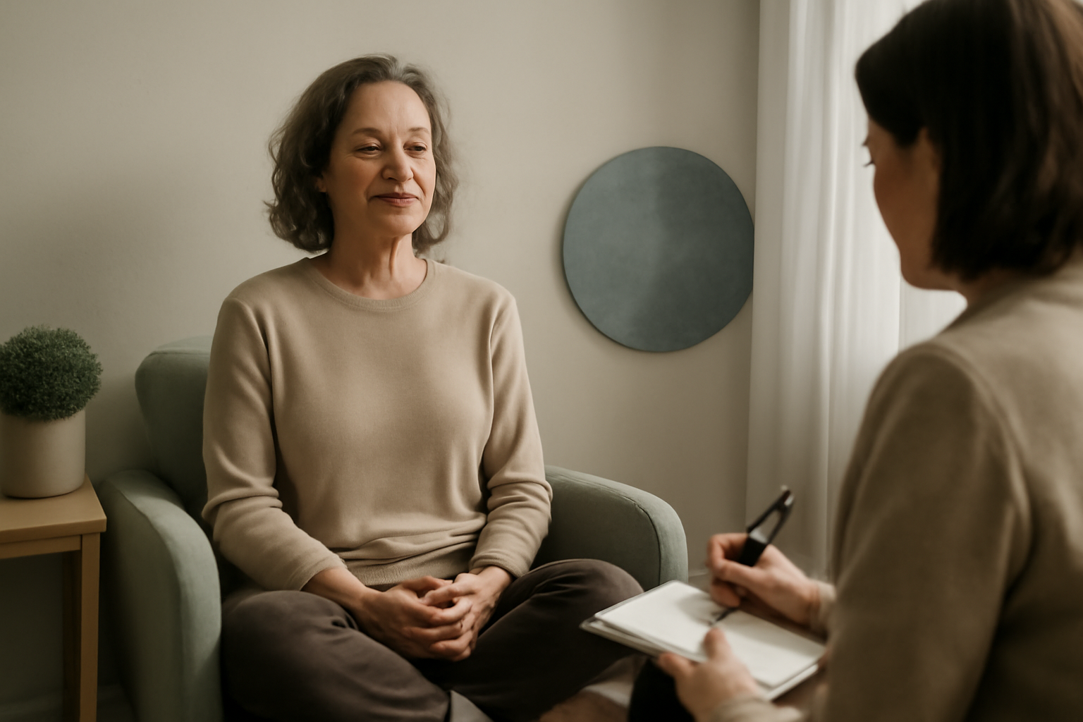 Person sits calmly with a therapist in a quiet room, practicing mindfulness to overcome fear of stillness.