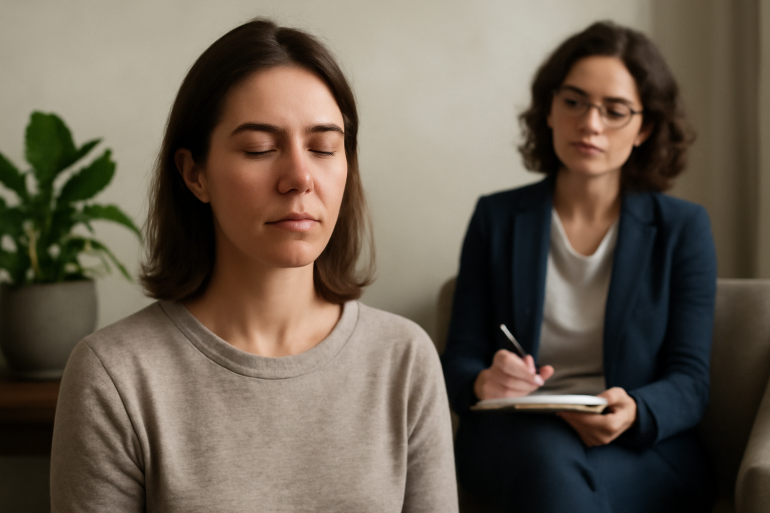 Person sits cross-legged in a calm therapy room, practicing mindfulness to overcome fear of stillness.