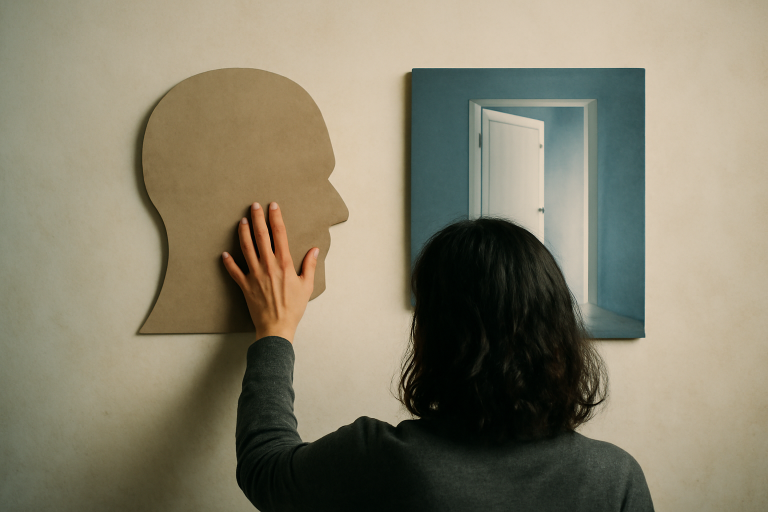 Person practices breathing with therapist, gradually exposing to triggers in CBT for panic disorder.