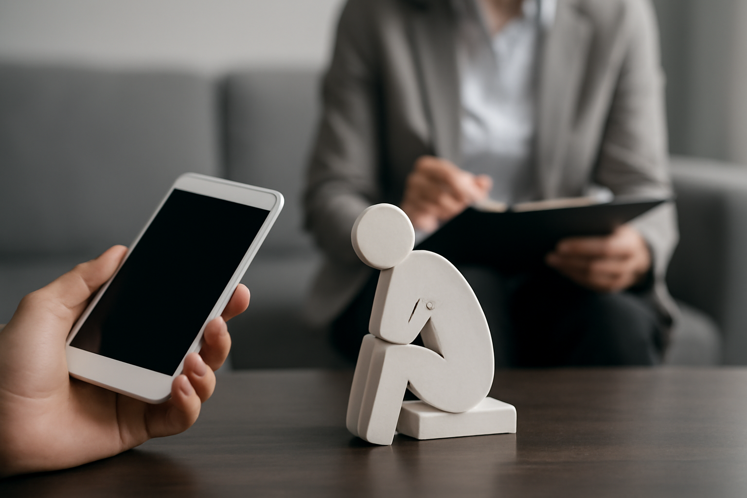 Psychiatrist with patient using tablet and charts in clinic, about choosing engagement tools.