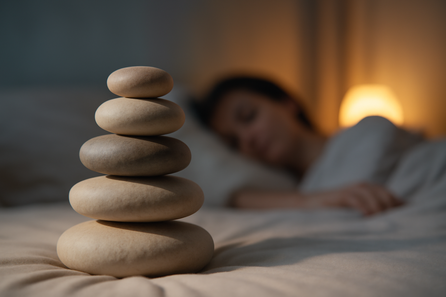 Calm bedroom; person meditating on bed, promoting Practical Relaxation Techniques for calm mind.