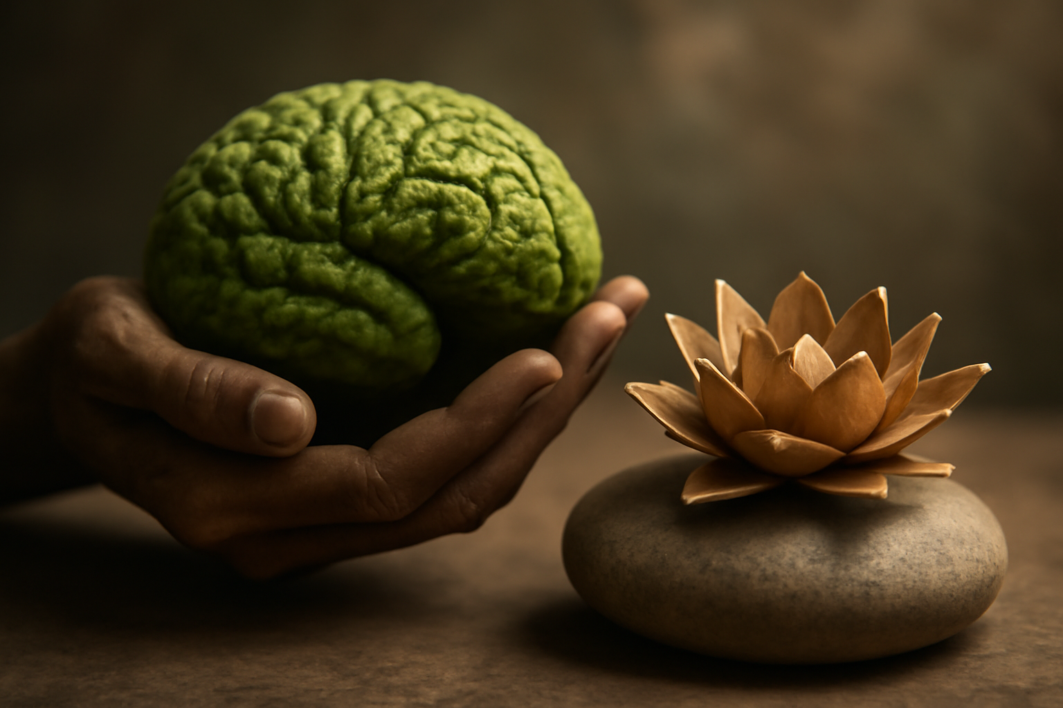 Person meditating with herbs and oils to promote Ayurvedic mental health and mind-body balance.