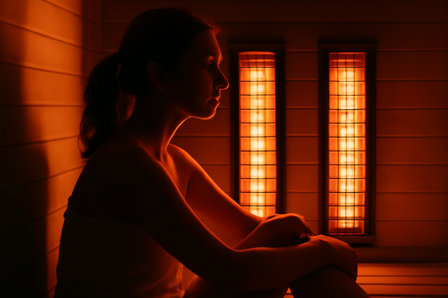 Person relaxing in infrared sauna under warm light; Infrared Sauna Mental Health Benefits Guide