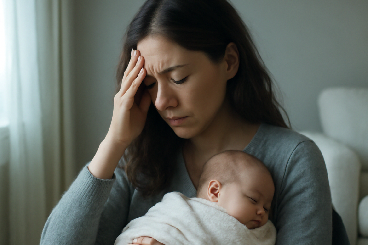 A mother cradles her newborn in a cozy room; icons for evidence-based recovery options.