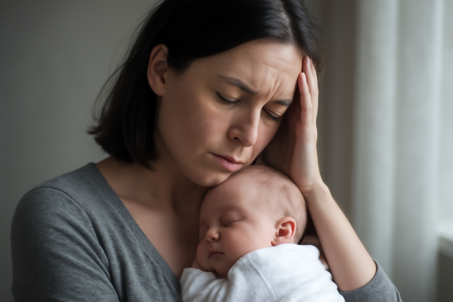 New mother holds baby, tired; postnatal/postpartum depression - causes, symptoms, diagnosis, treatment.