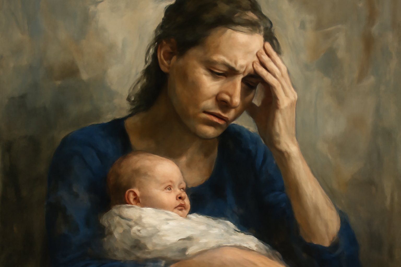 Illustration: new mother with baby; blog on postpartum psychosis: symptoms, treatment, recovery.