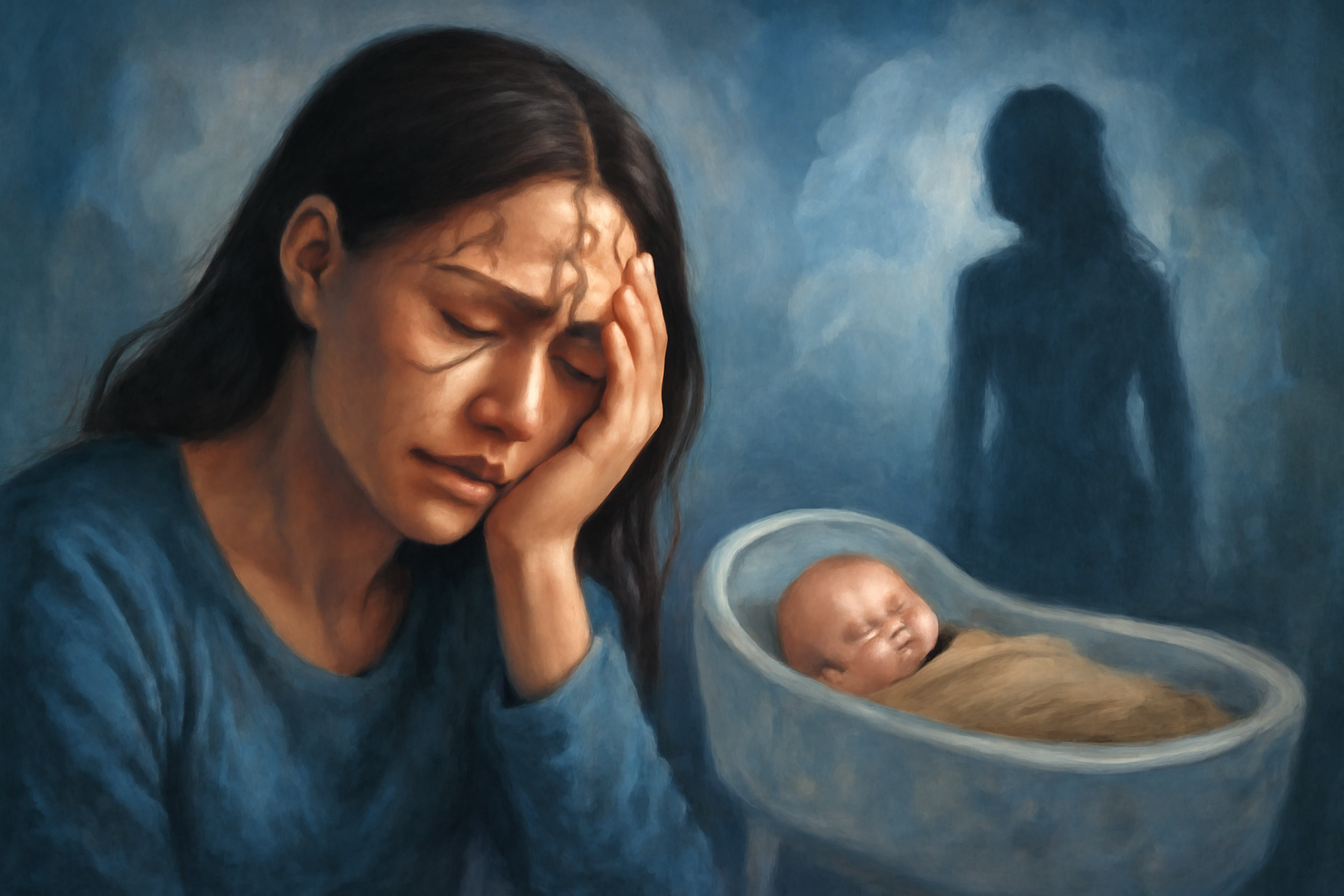Illustration of a new mother with a clinician; postpartum psychosis: symptoms, treatment, recovery.