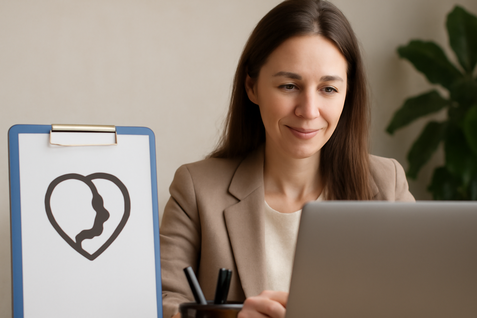 Therapist at a desk with laptop and charts; Choosing the Right Private Practice Therapy Software.