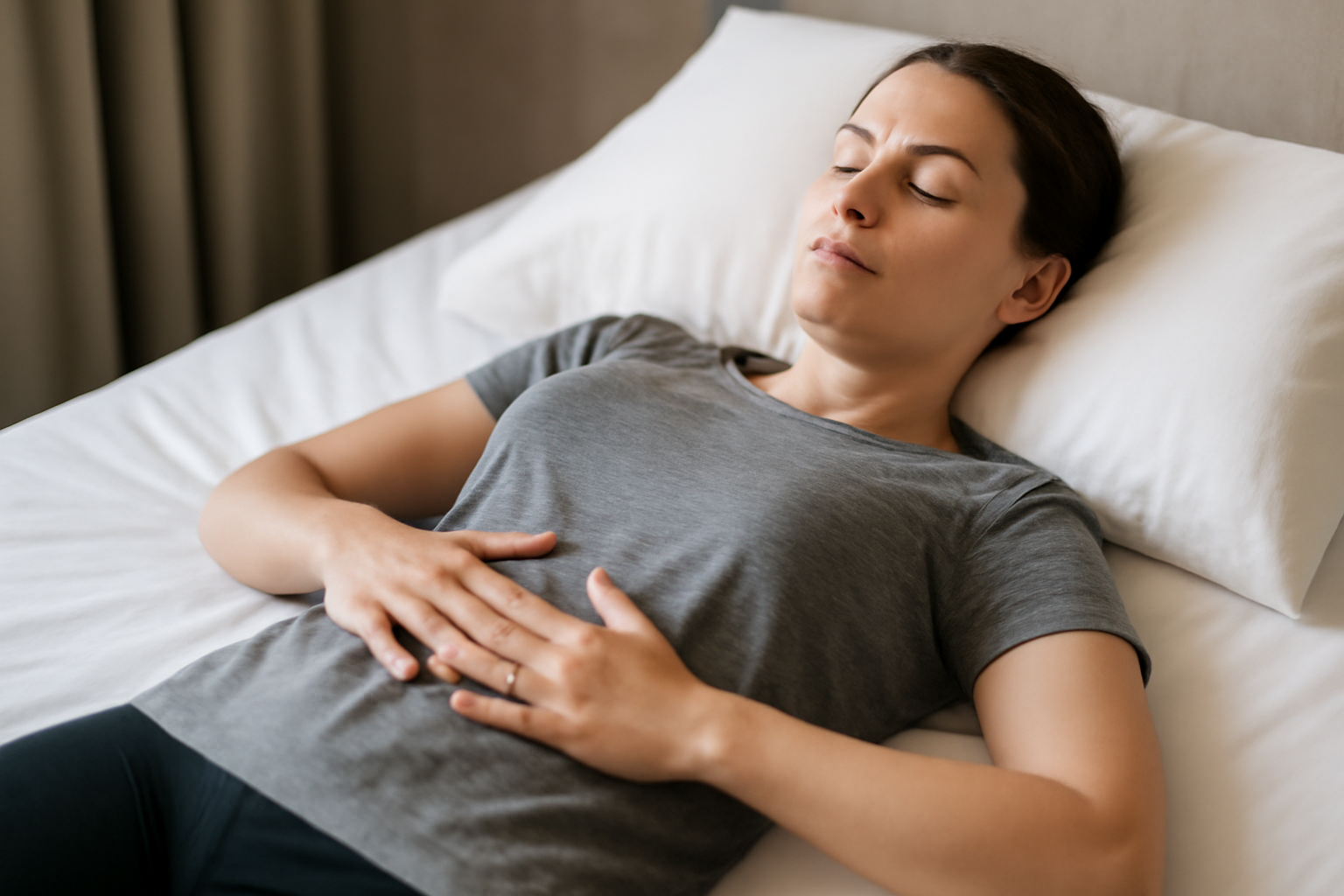 Calm person lying down, guided breathing and tensing muscles for PMR stress relief and sleep.
