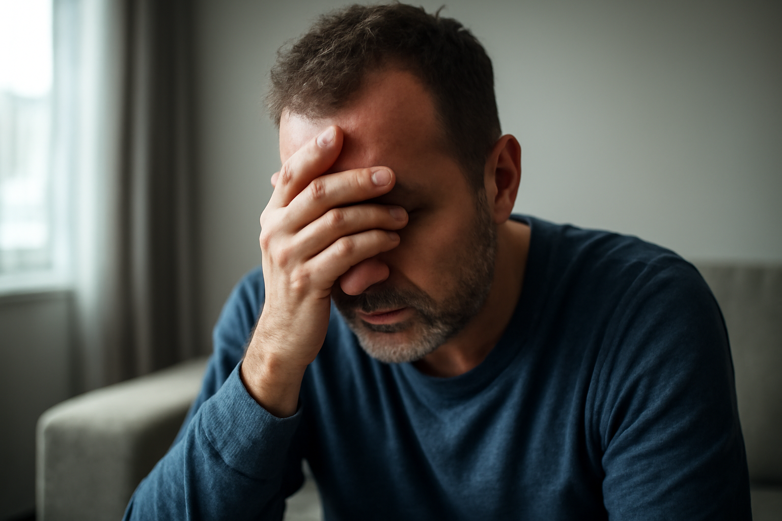 Two people talk softly as a poster titled PTSD Symptoms What They Are and How to Get Help is visible