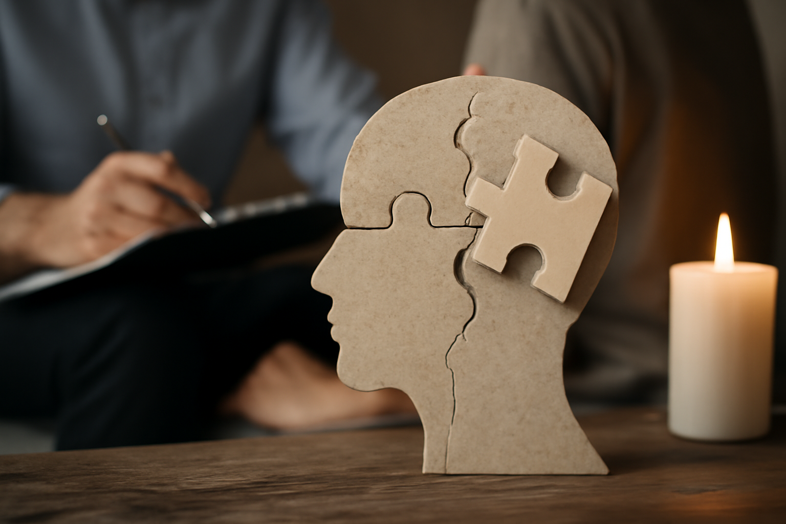Person sits with head in hands beside a clipboard as PTSD symptoms, diagnosis, and treatment options.