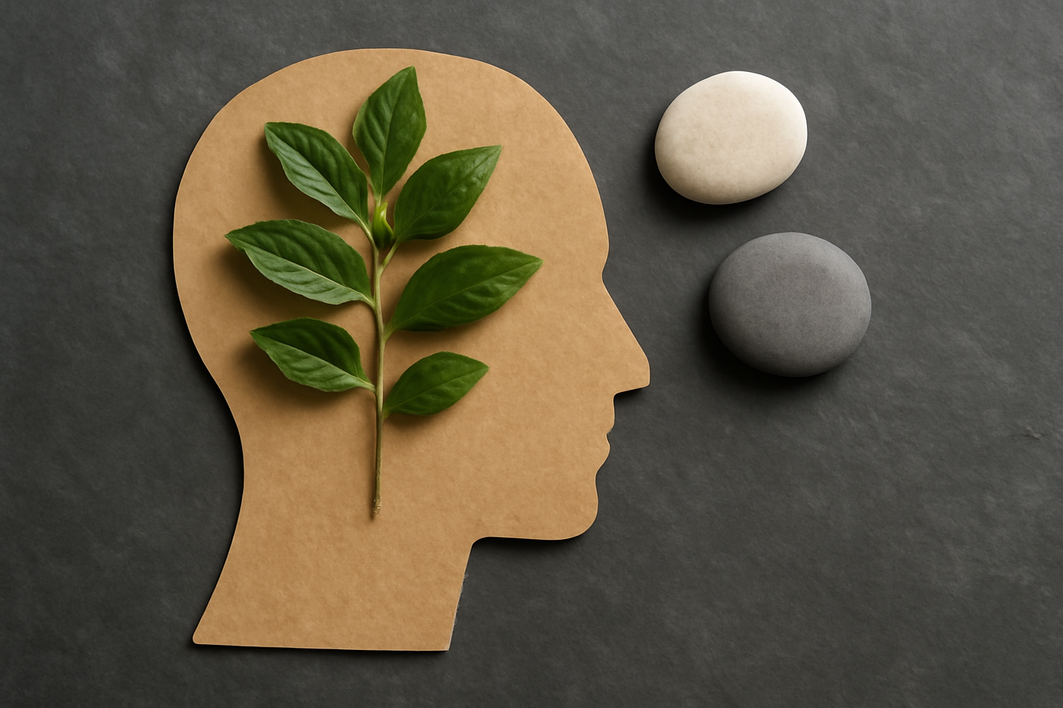 Calm desk with tea, plants, and a book titled Complementary and Integrative Mental Health: Holistic Guide.