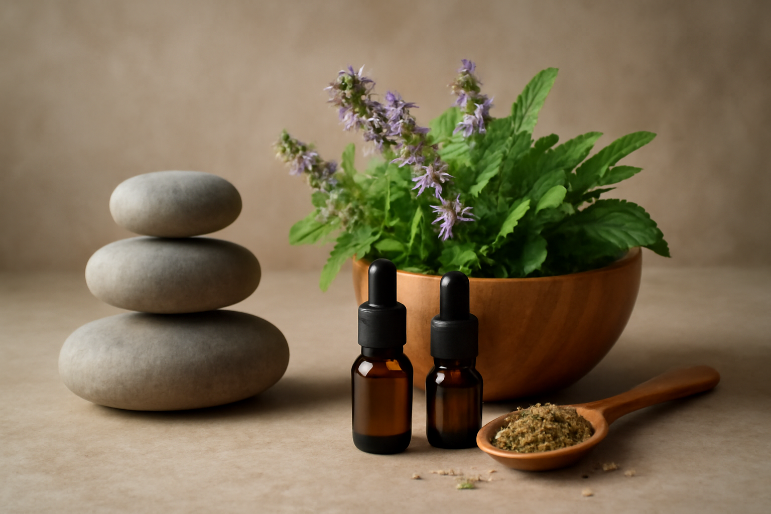 Calm person meditating with herbs and essential oils against a soft blue background for anxiety blog.