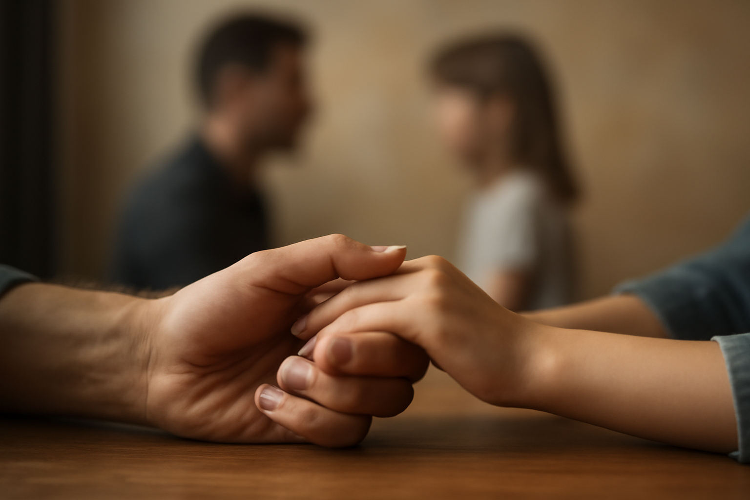 Reunification therapy session with parent and child rebuilding trust after parental alienation.