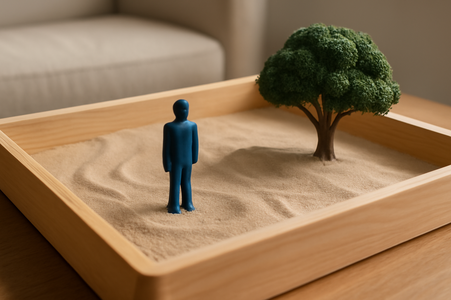 Therapist and child place miniature figures in a sand tray to explore healing through sand tray therapy.