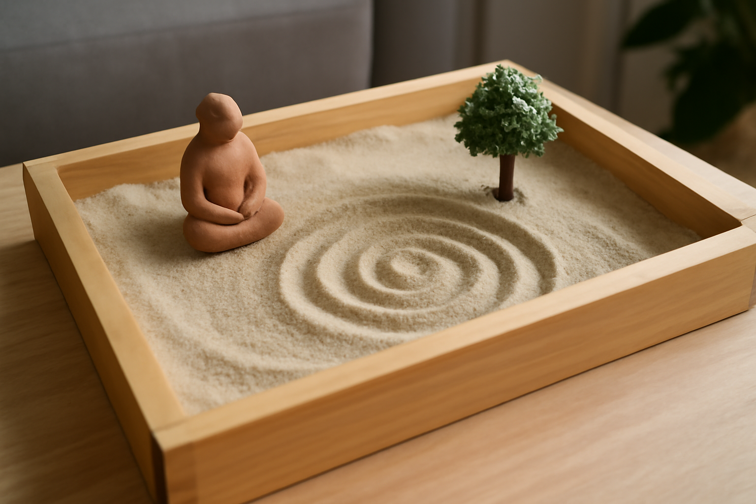 Sand tray with shallow sand and miniature figures for a blog post on healing through therapy.