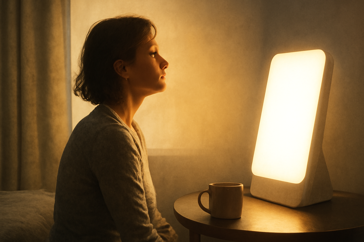 Person uses a bright light therapy lamp at home; blog on SAD, mood, sleep, rhythm.