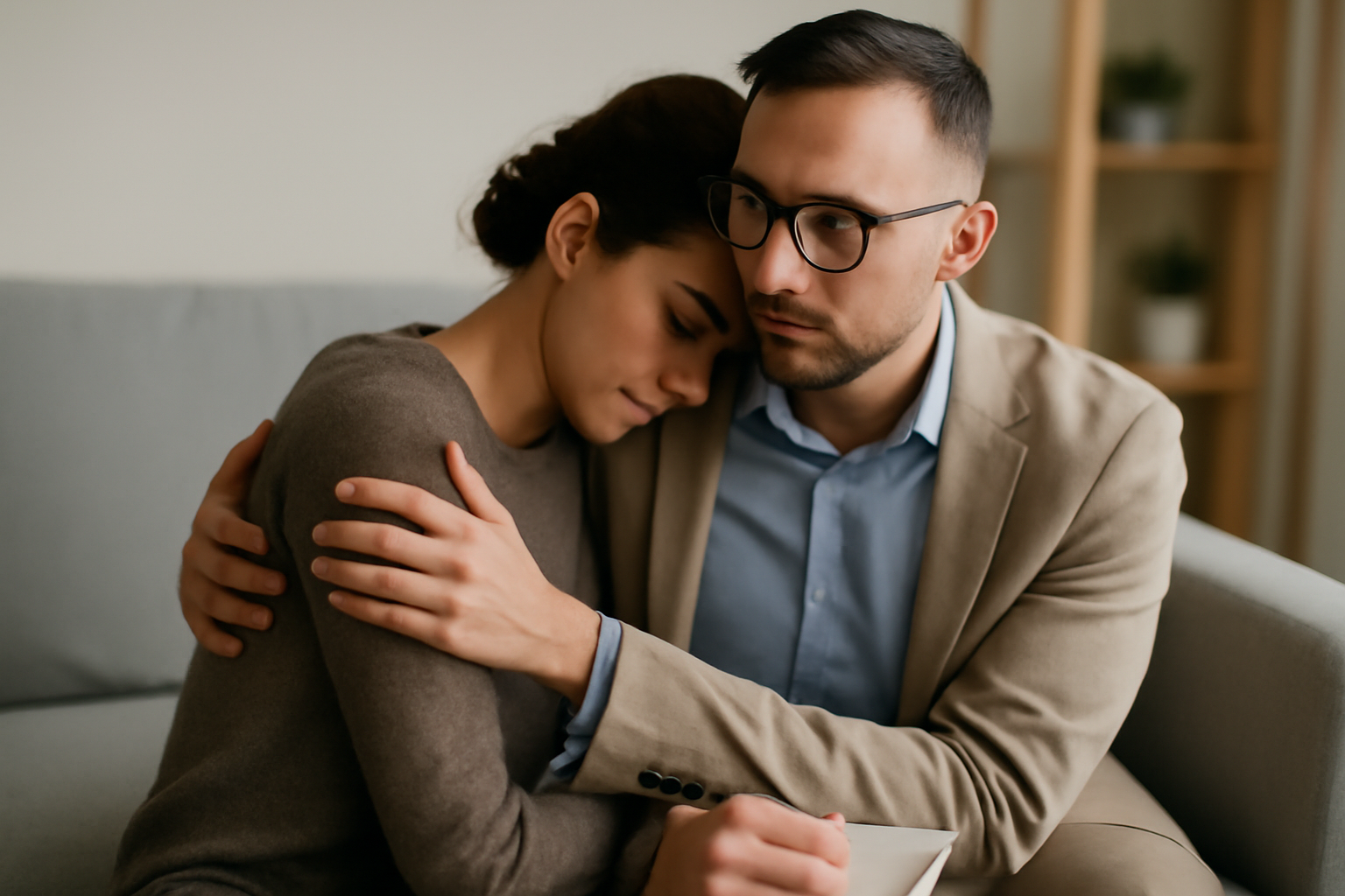 Two people sit opposite each other in a warm therapy room, discussing loneliness and secure attachment.