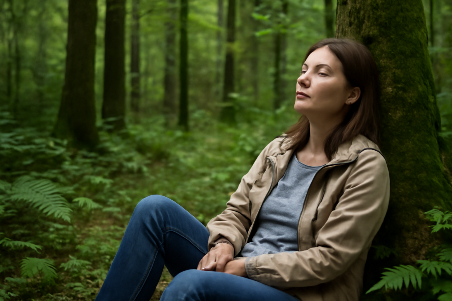 Forest Bathing for Mental Health: person practices Shinrin-Yoku on a sunlit forest path for calm.