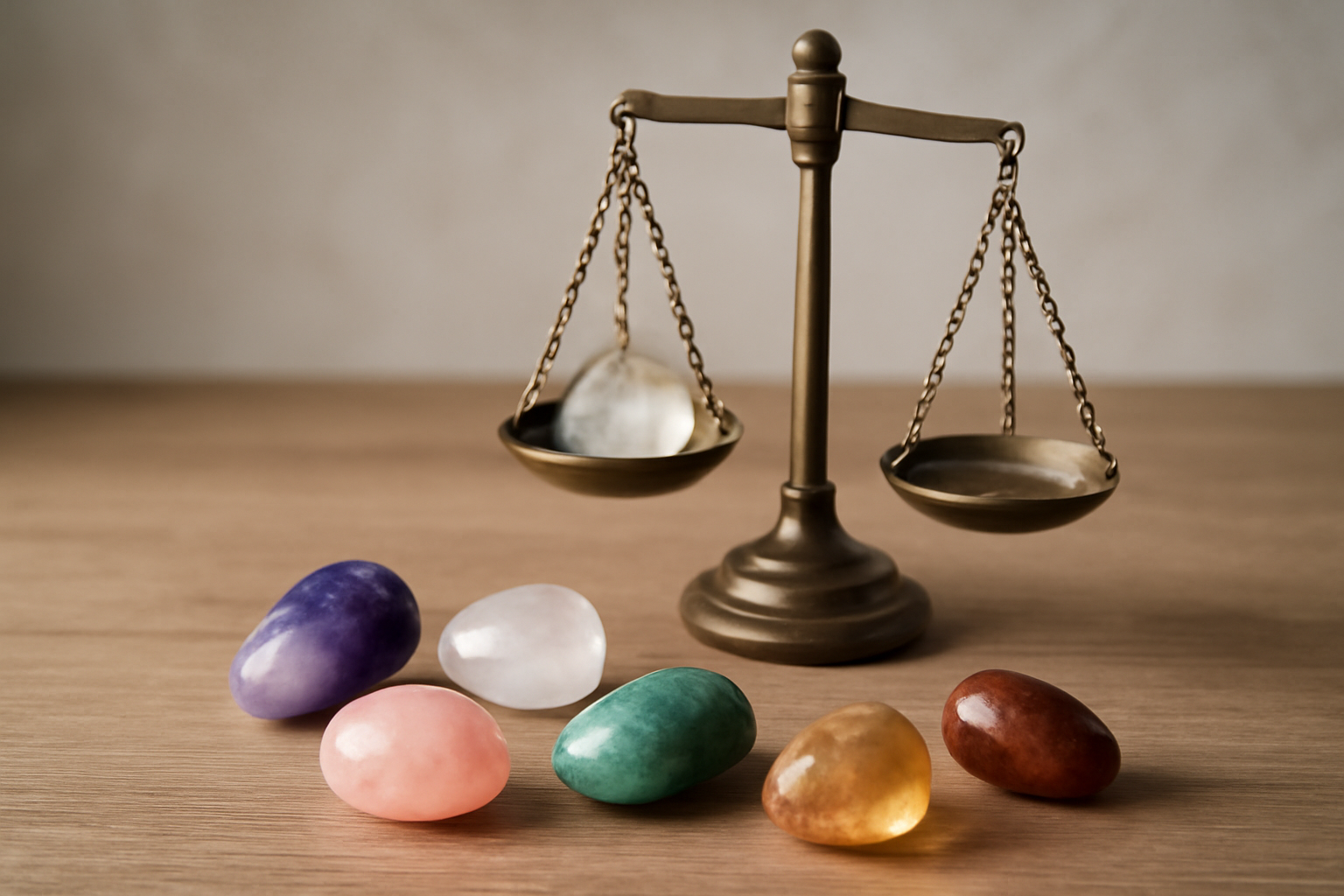 Crystals on a wooden table with the title What the Evidence Says About Crystal Healing for Mental Wellbeing