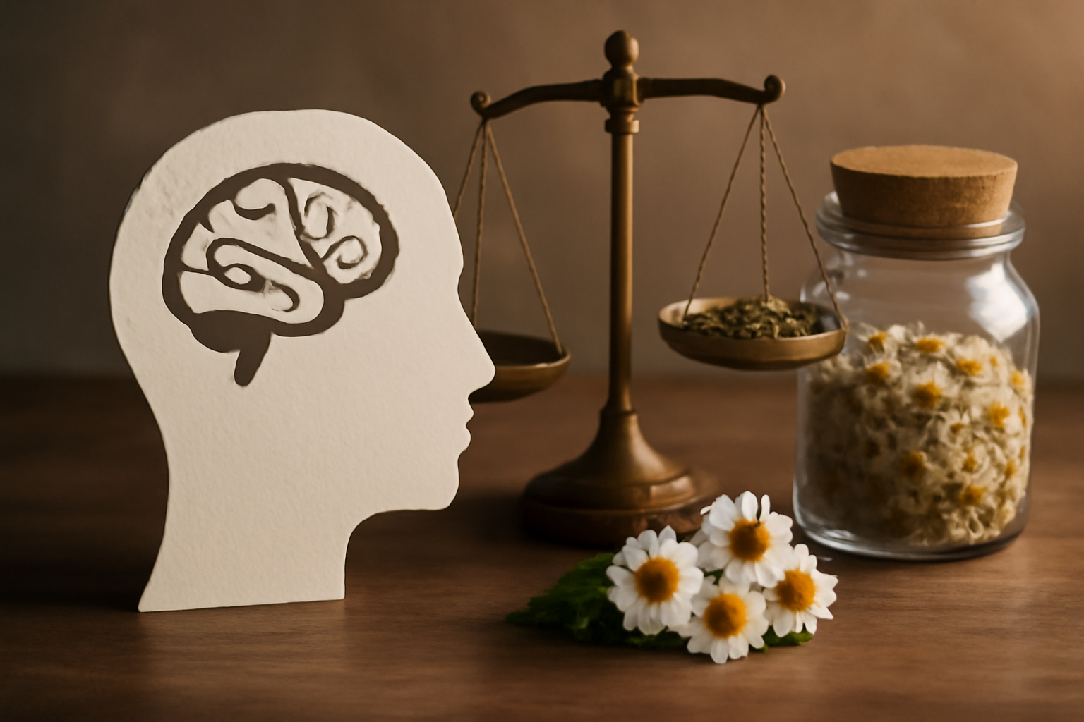Calm person meditating with herbs beside a notebook titled Natural Remedies for Anxiety: Sleep & Mood