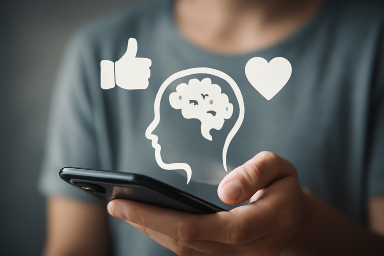 Person using a smartphone surrounded by social icons; highlights mental health and wellbeing.