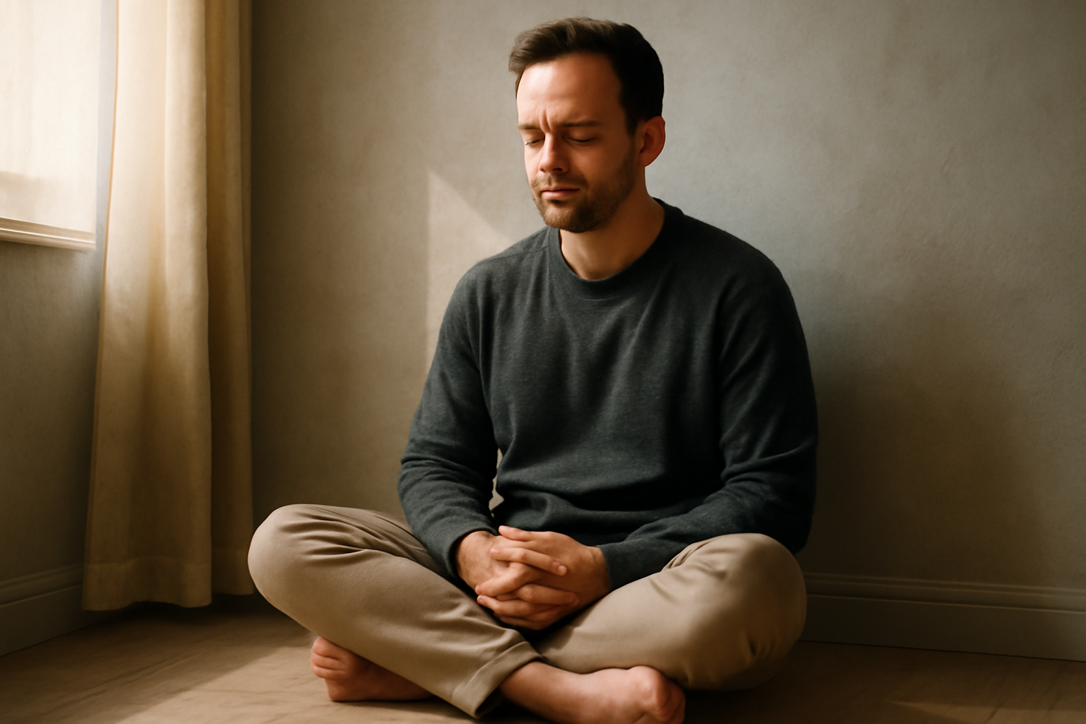 Person sits cross-legged with eyes closed; blog post on mindful discomfort for emotional regulation.