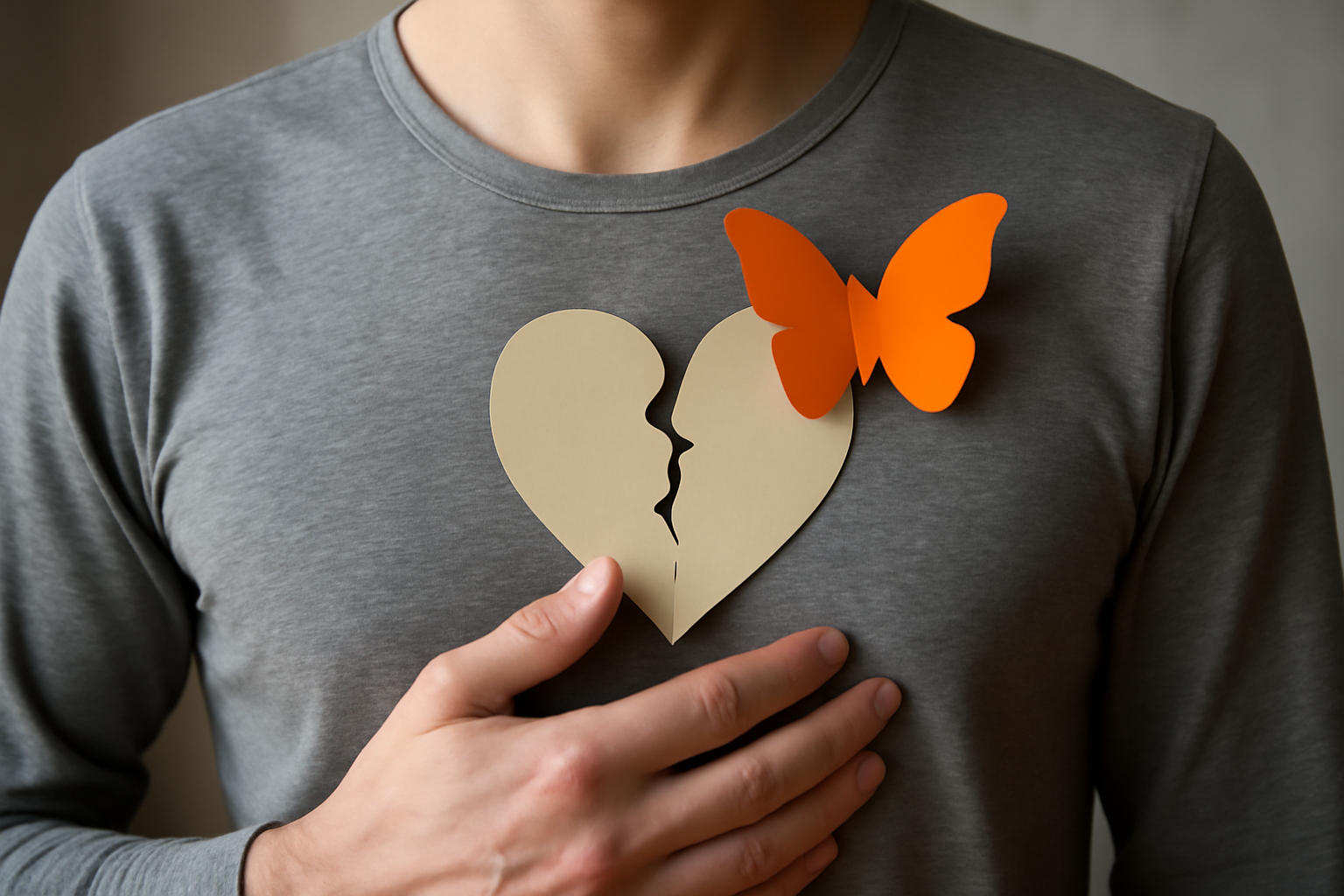 Person sits, hand on chest, calm breath; somatic therapy for unprocessed stress and body symptoms.