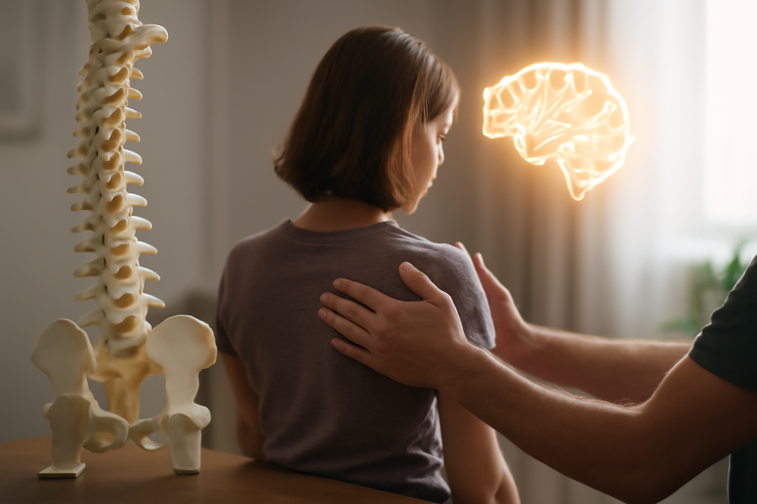 Chiropractic session visualizing spine health linked to improved mood and mental well-being.