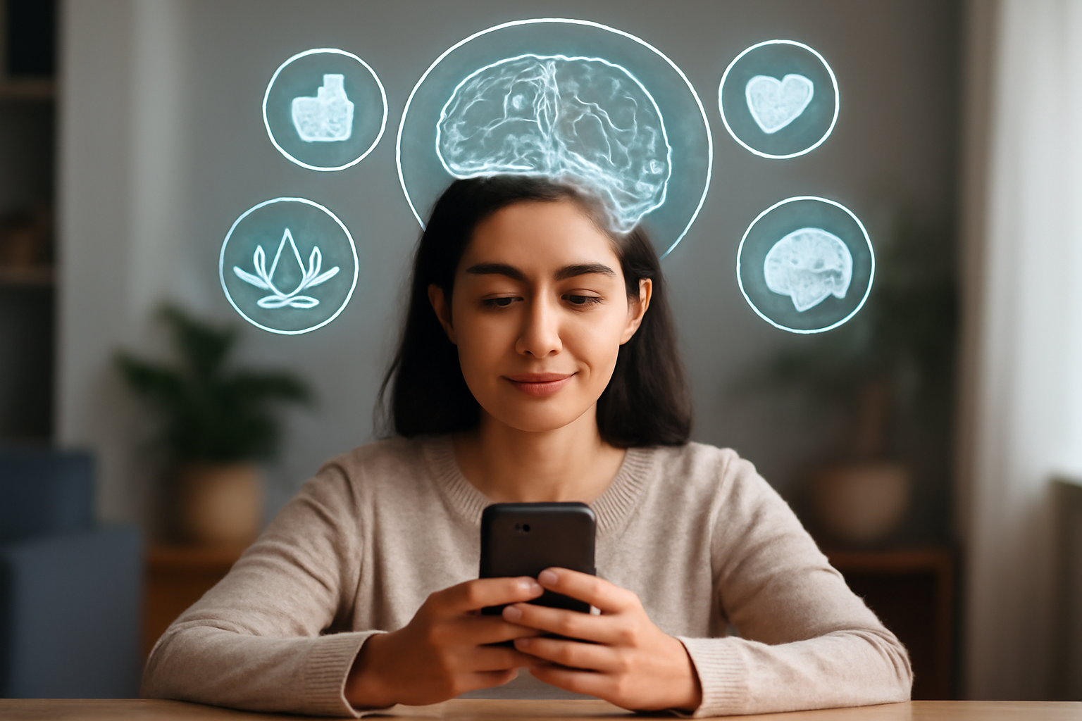 Person uses smartphone with icons; banner reads Social Media Mental Health Mindful Use Tips for Wellbeing
