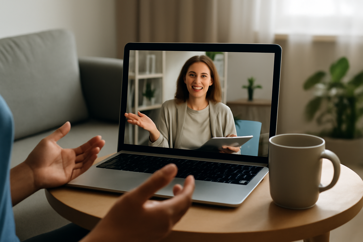 Person on laptop video call with therapist; Online Therapy Guide: Teletherapy delivers accessible mental health care.