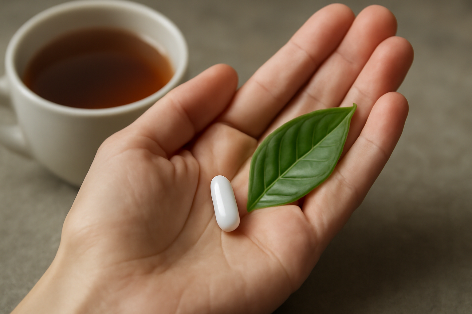 L-Theanine bottle beside a tea cup on a desk; article on anxiety dosing and safety.