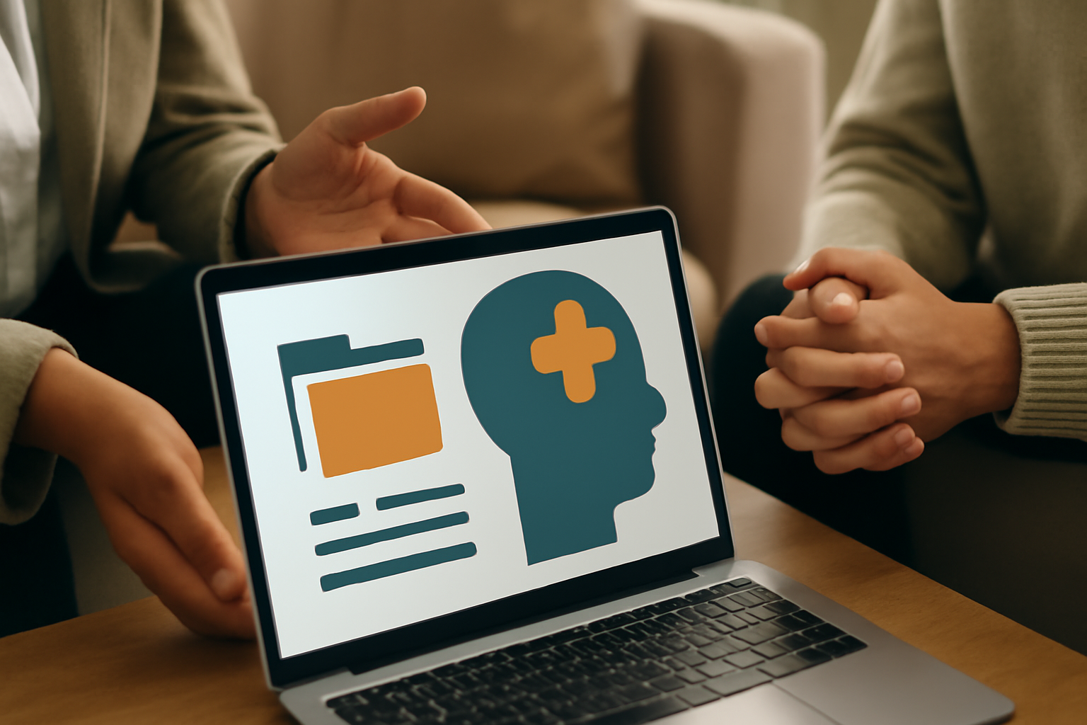 Therapy case management software dashboard with patient charts and tasks; clinic guide blog post.