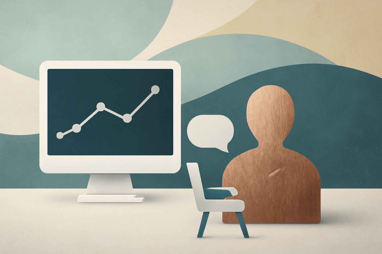 Therapy clinic staff reviewing a software dashboard with features, ROI charts, and a buying guide.