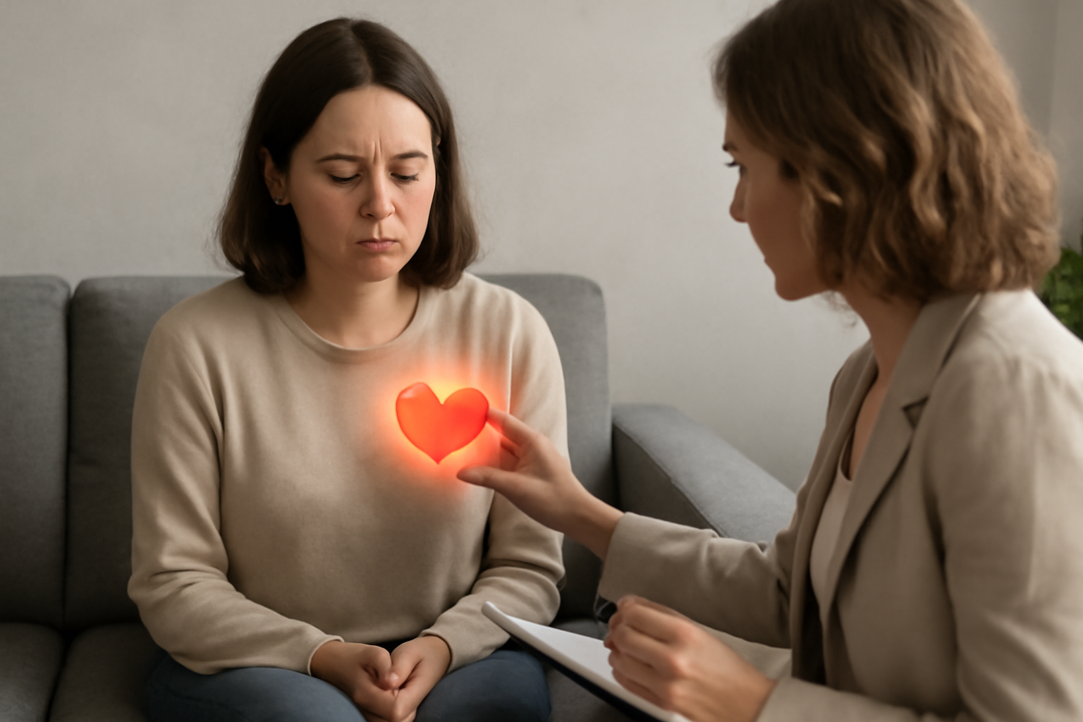 Person in a therapy session opens up to reconnect with their emotions, warm light in the room.