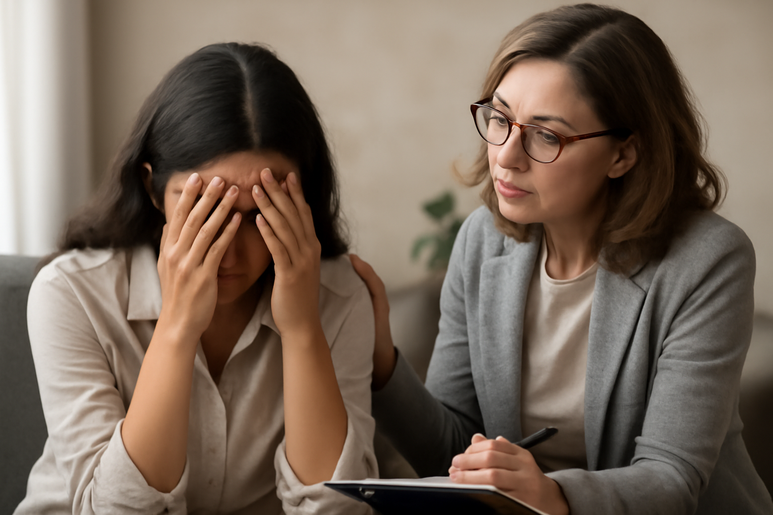 Calm therapy room with a counselor and client discussing trauma, What to Expect From Therapy