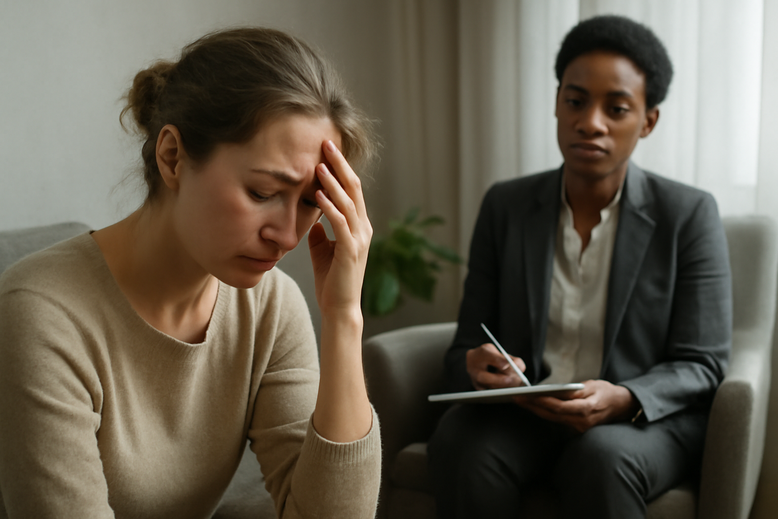 Professional in therapy addressing emotional exhaustion; blog post: Emotional Exhaustion in High Performers.