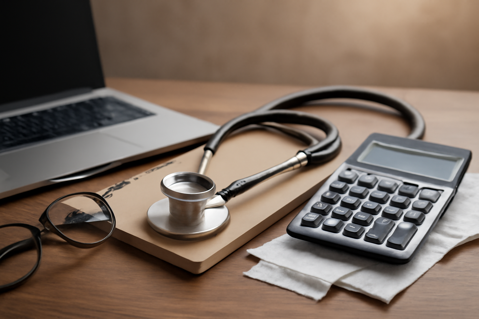 Therapist workspace with laptop showing bookkeeping charts and notes on therapy billing software.