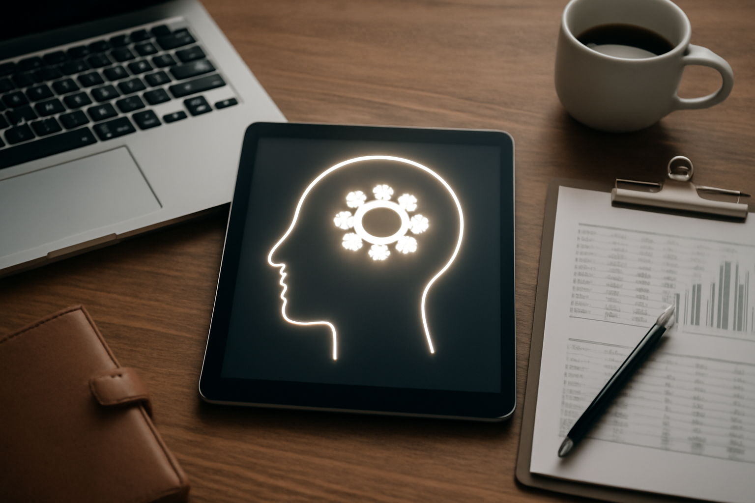 Therapist reviews a therapy practice management system on a laptop; blog post on efficient clinics.