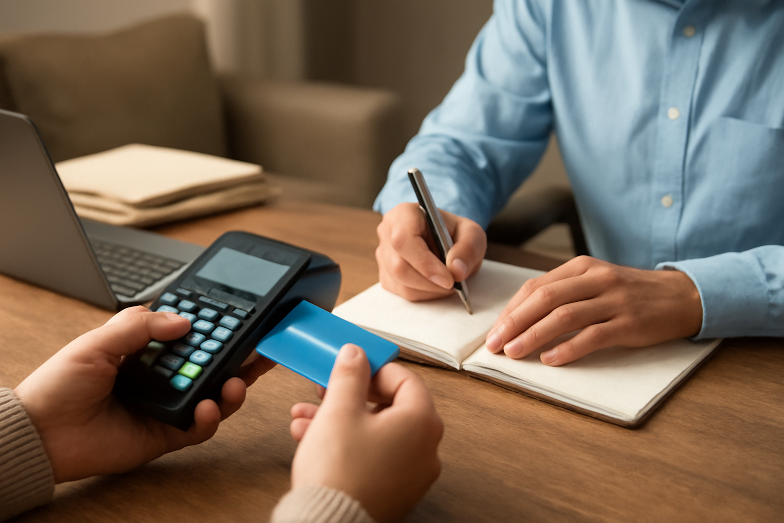 Therapy practice desk with laptop, receipts, credit card terminal illustrating efficient billing.